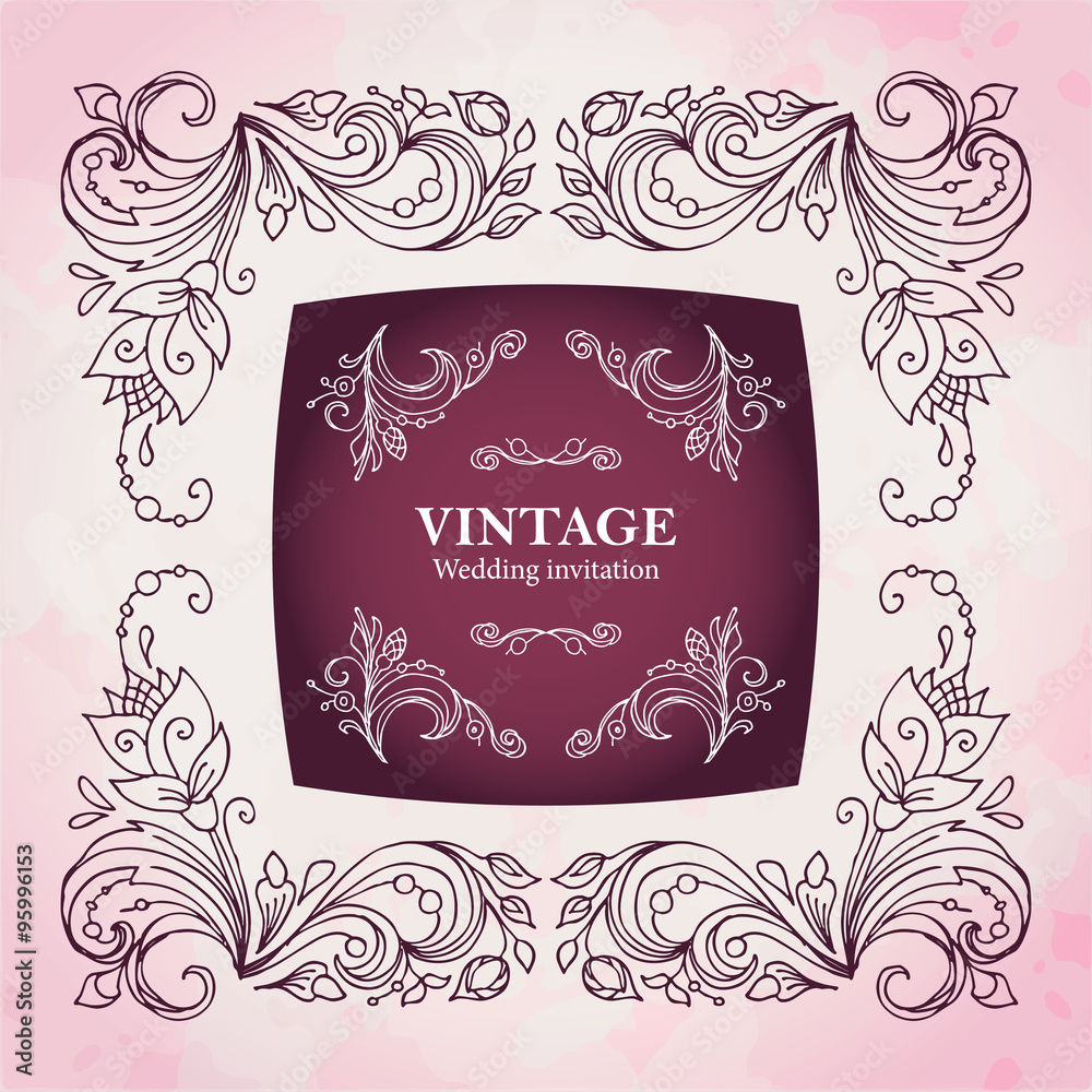 Flower border, pattern, square shape.Stylized plant pattern art deco.Elegant patterned lace. Wine red and pink. Template design invitations, greeting cards, restaurant menus, postcards.