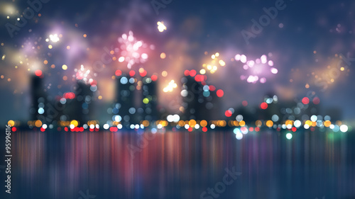 blurred city and fireworks