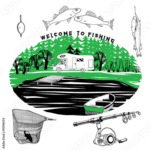 fishing set of Camping, motorhome in the forest on a coast