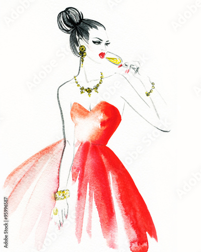 Woman with glass of champagne. Christmas and New Year holiday celebration. Watercolor illustration