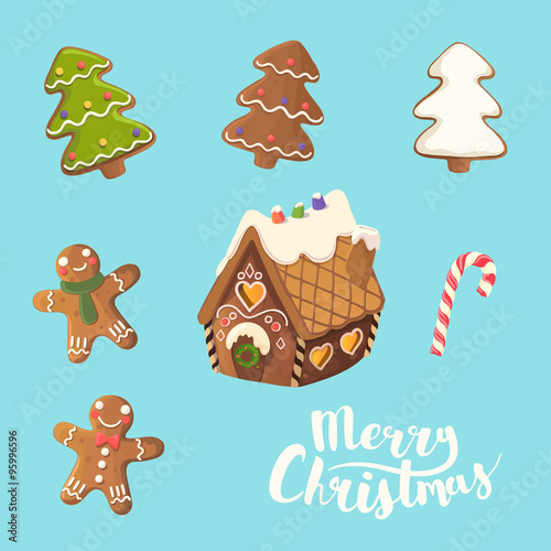 Cristmas Cookies Set. Ginger house, little man, christmas tree and candy. Vector.