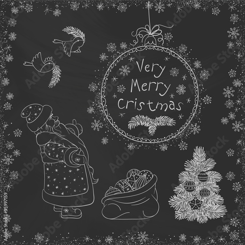 Vector vintage Christmas doodles. Seasonal hand drawn cartoon on black chalk dirty board