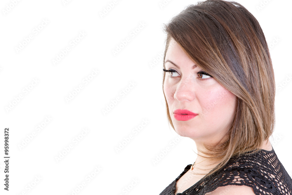 Pretty Woman Looking Out to the Left Against White Pretty Woman Looking Out to the Left Against White