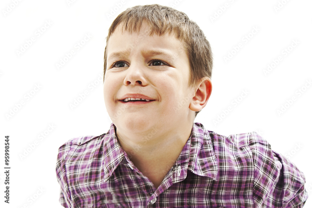 Portrait of a crying child, looking up. Isolated on white background Portrait of a crying child, looking up. Isolated on white background