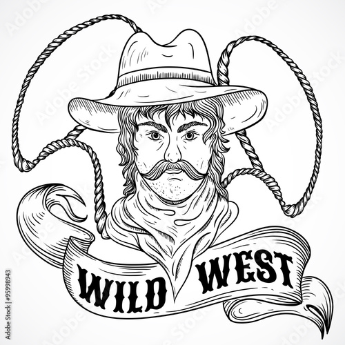 Wild west. Vintage poster with cowboy, lasso and ribbon banner  .Retro hand drawn vector illustration in sketch style 