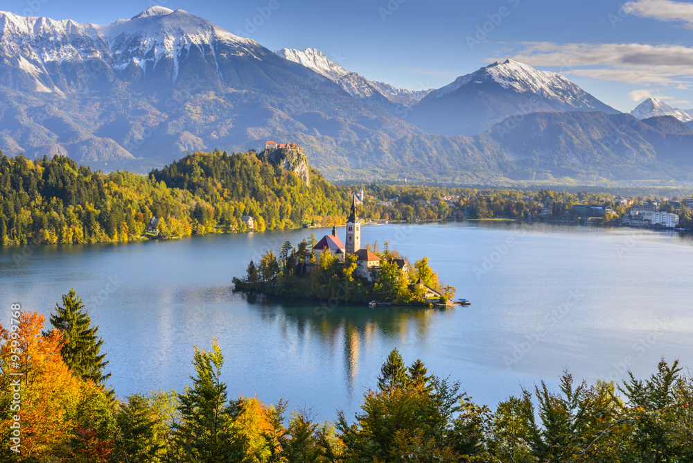 Panoramic view of Lake Bled from Mt. Osojnica, Slovenia - obrazy, fototapety, plakaty 