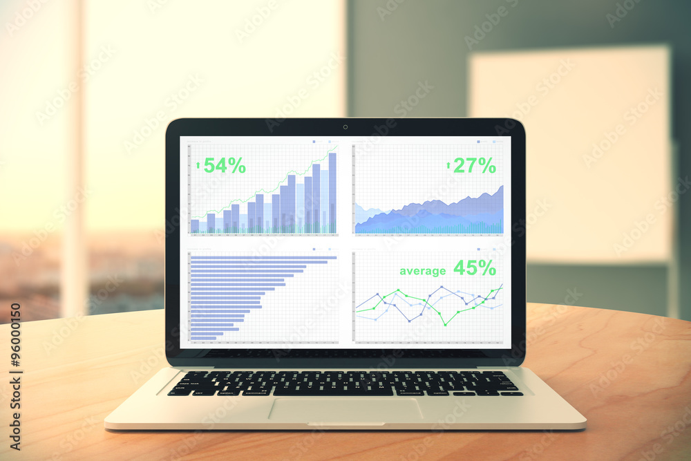 Business chart on laptop screen on wooden table in the office Business chart on laptop screen on wooden table in the office
