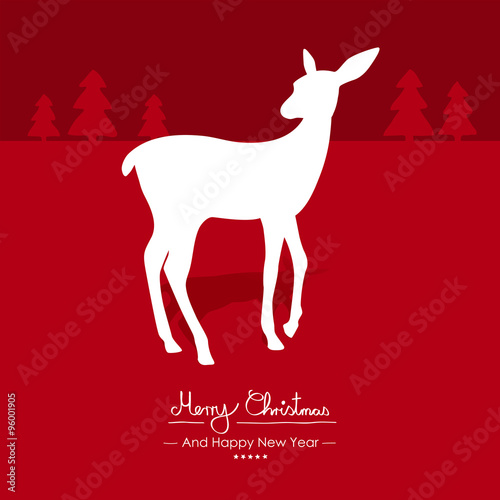Rote Vektor Grußkarte für Weihnachten und Neujahr- Merry Christmas - Happy New Year - Jahreswechsel. Weihnachtskarte Hintergrund. Symbol und Silhouette. Rehkitz, Reh, Horizont mit Tannenbäumen.