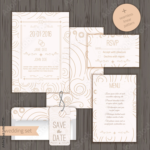 Modern linear wedding invitation card design set include Invitation card, Save the date, RSVP card,menu card and door hanger