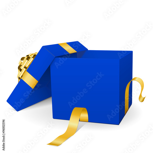 Offene, leere Vektor Geschenkkiste - Blau - mit goldener Schleife und Band - Isoliert auf weißem Hintergrund - Freigestellt - Vorlage für eigene Geschenkideen, Symbole, Objekte und Gegenstände.