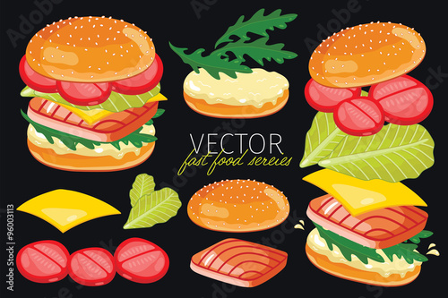 Vector burgers isolated on black background. 