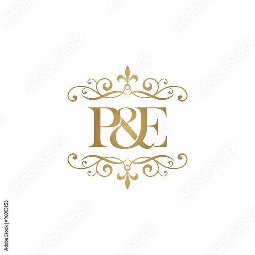 P&E Initial logo. Ornament ampersand monogram golden logo