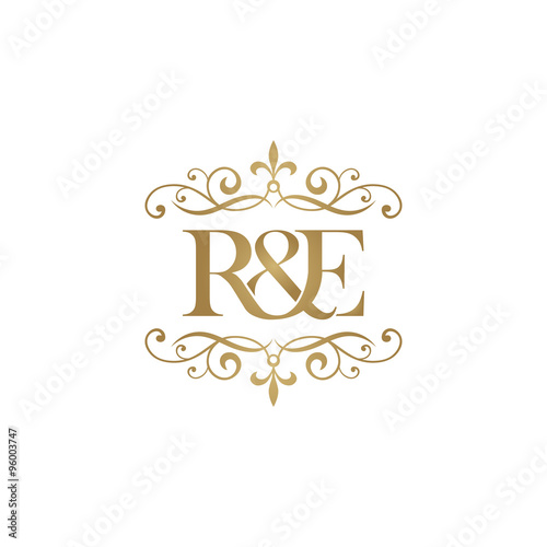 R&E Initial logo. Ornament ampersand monogram golden logo