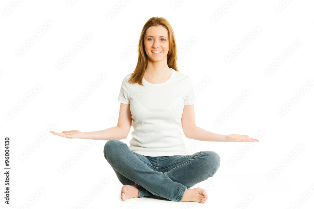 beautiful young woman sitting cross-legged beautiful young woman sitting cross-legged