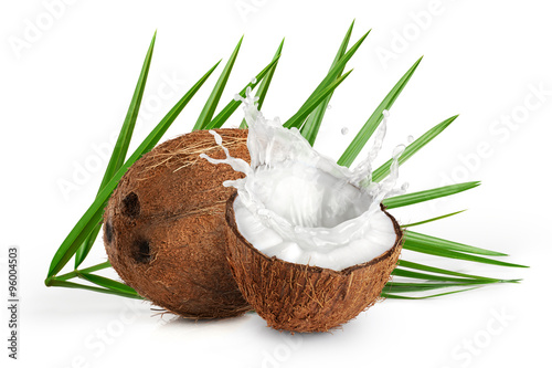 Coconuts with milk splash and leaf on white background.