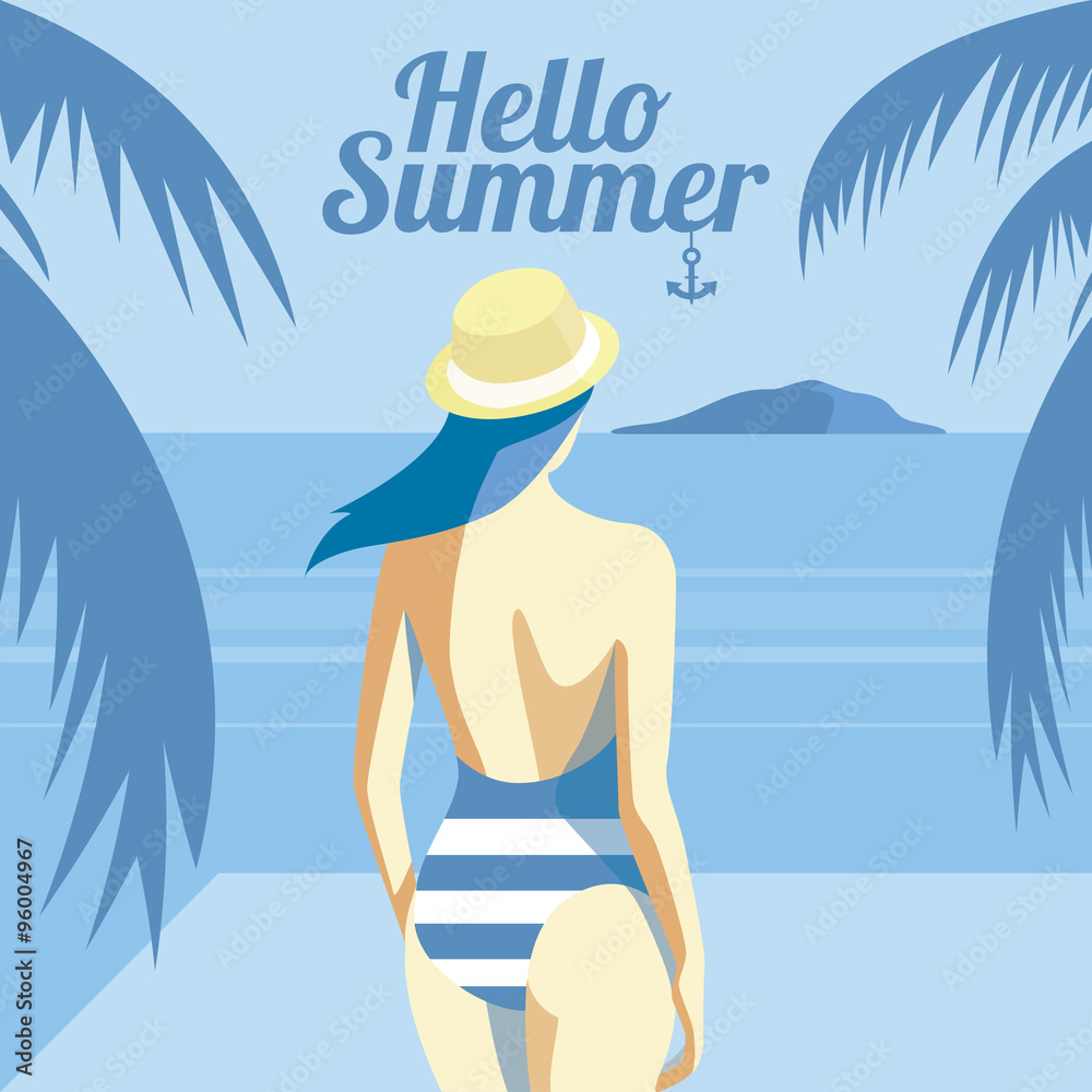 Retro poster with a girl on the beach with an island background and palm trees. Holiday concept - vector illustration
