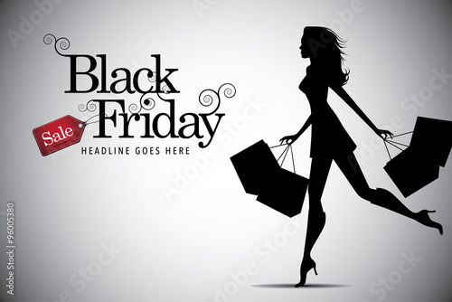 Elegant shopping woman Black Friday advertising background template. EPS 10 vector, grouped for easy editing. No open shapes or paths.