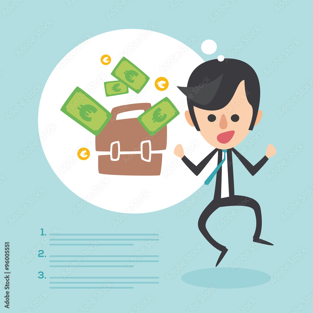 Thinking businessman to win a lot of money. Economic growth concept. Vector illustration Thinking businessman to win a lot of money. Economic growth concept. Vector illustration