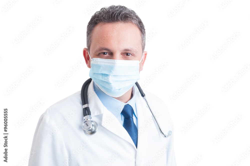Potrait of handsome doctor wearing surgical protective mask Potrait of handsome doctor wearing surgical protective mask
