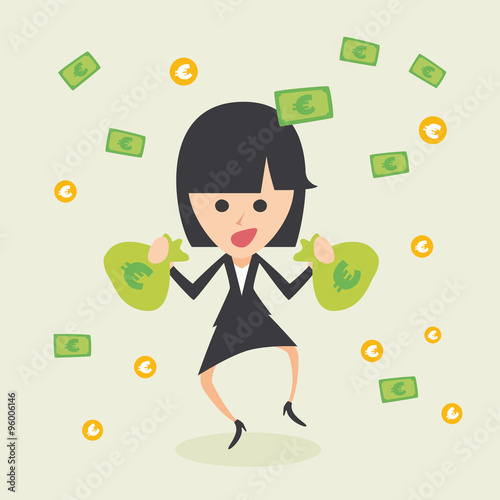 Businesswoman rejoicing for his success with euros flying in the air
