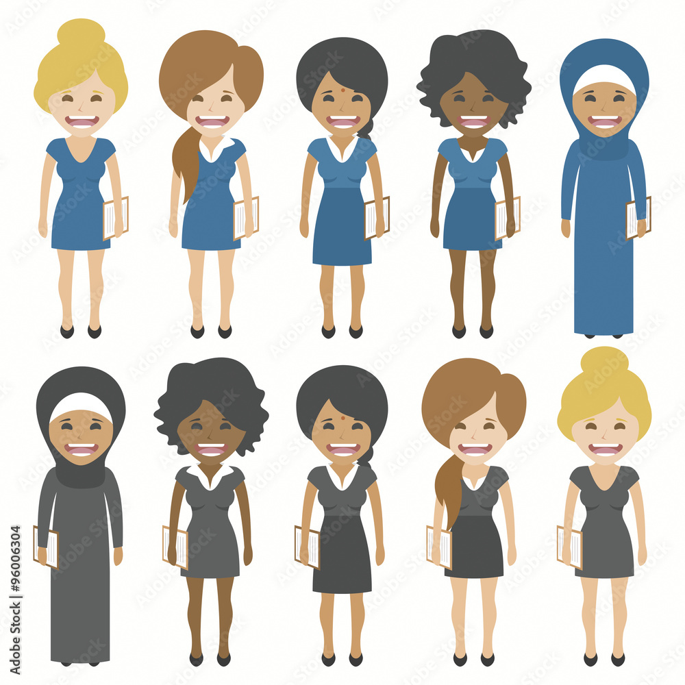 Businesswomen of different ethnicities in formal clothes. Isolated on white background. Businesswomen of different ethnicities in formal clothes. Isolated on white background.