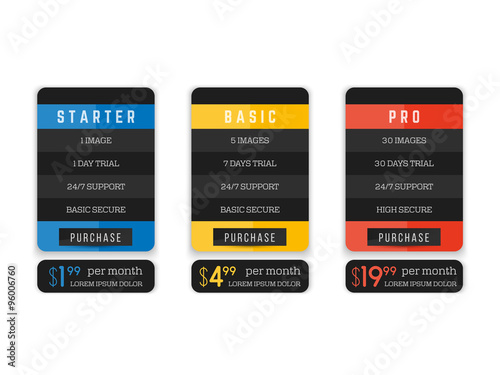 Vector pricing table for websites and applications