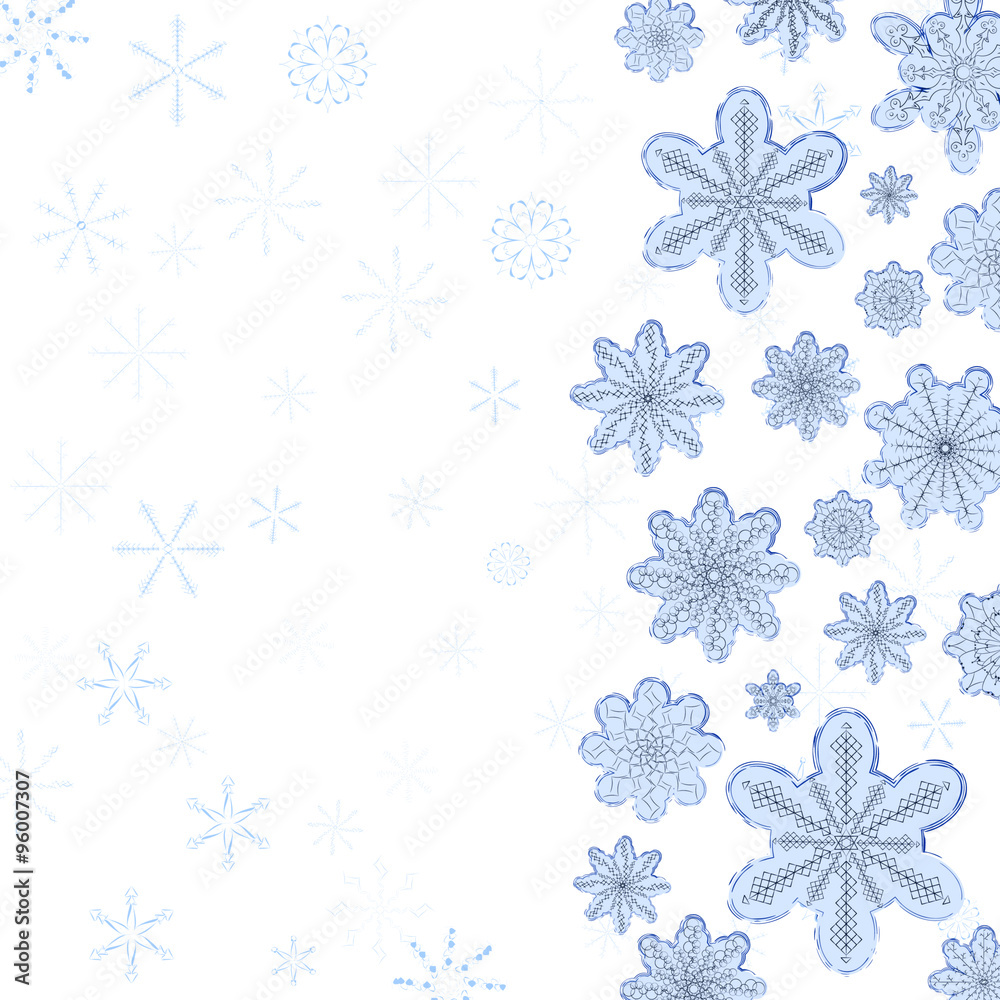 Winter background. Blue and white snowflakes.