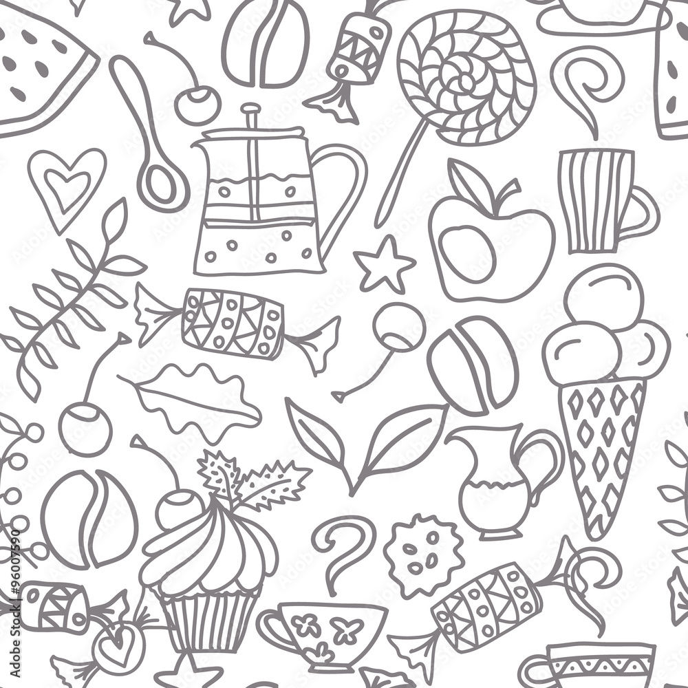 Tea and coffee seamless pattern. Tea, coffee and sweets doodle template ...