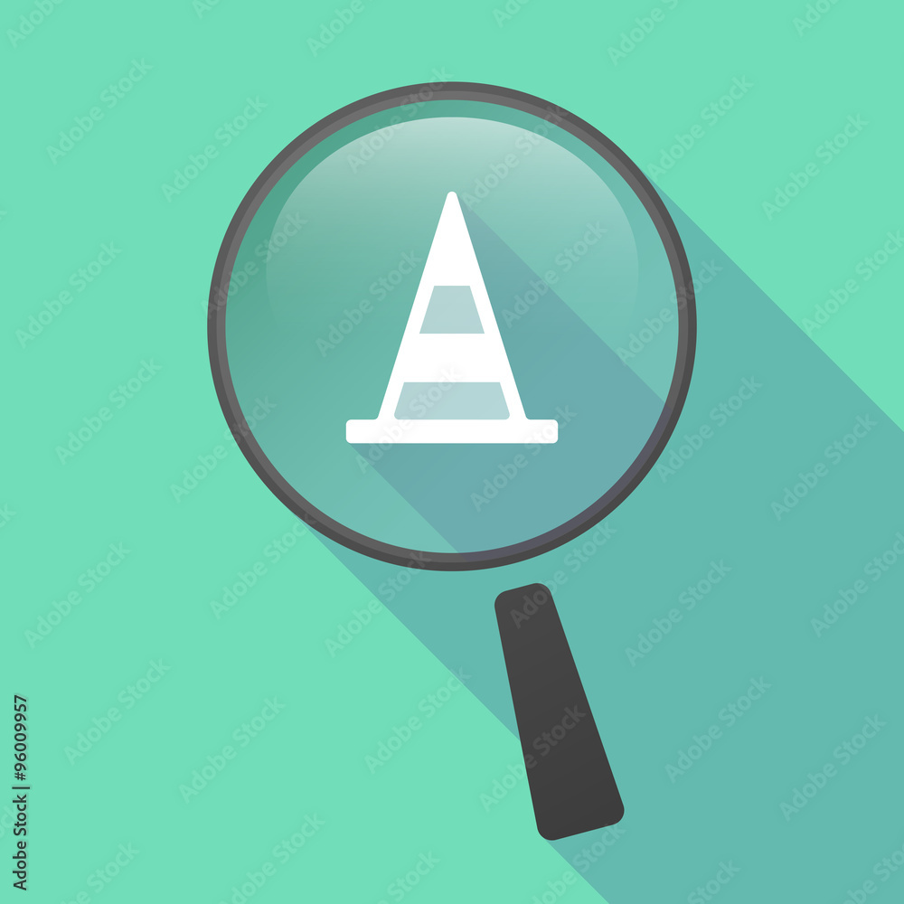 Long shadow magnifier vector icon with a road cone Long shadow magnifier vector icon with a road cone