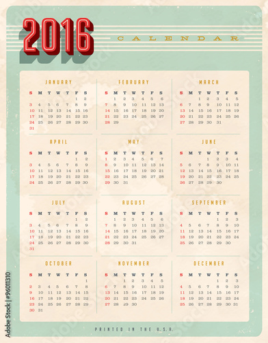 Vintage style 2016 Calendar - Vector EPS10. Grunge effects can be easily removed for a brand new, clean sign.