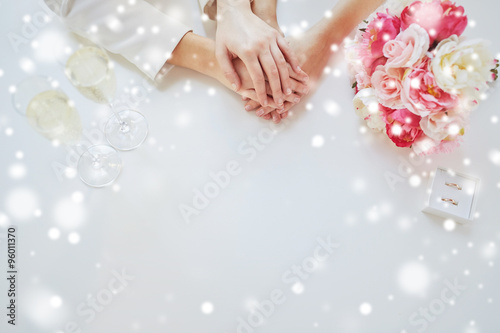 close up of lesbian couple hands and wedding rings