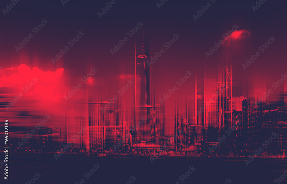 Naklejka premium Red Toned Blurred Lower Manhattan City Skyline