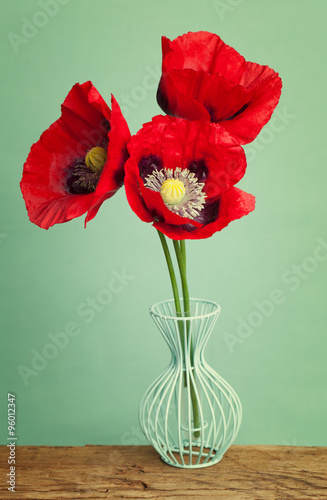 Fototapeta Naklejka Na Ścianę i Meble -  Red vibrant poppy flowers in a blue vase