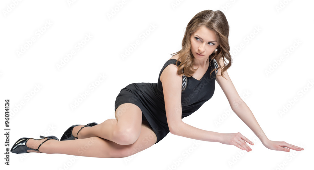 Glamorous caucasian woman lying on the floor studio isolated white background Glamorous caucasian woman lying on the floor studio isolated white background