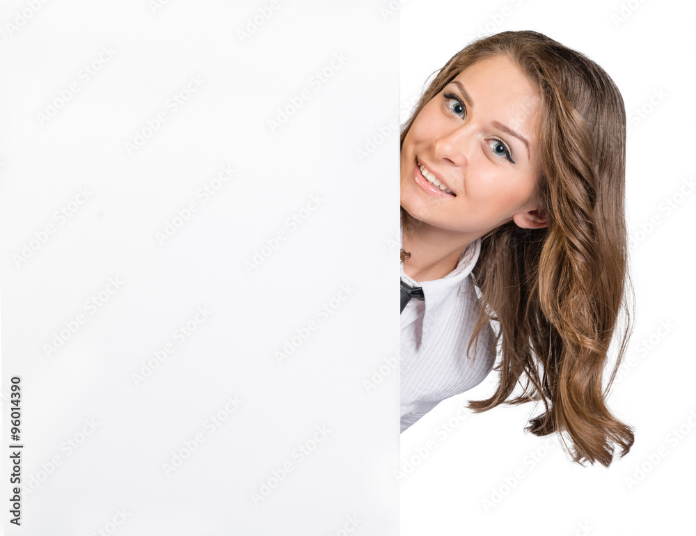 Girl looks out from behind an empty poster Girl looks out from behind an empty poster