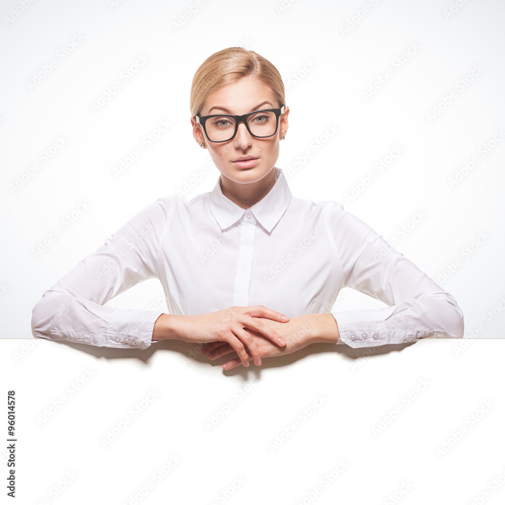 businesswoman holding a white billboard businesswoman holding a white billboard