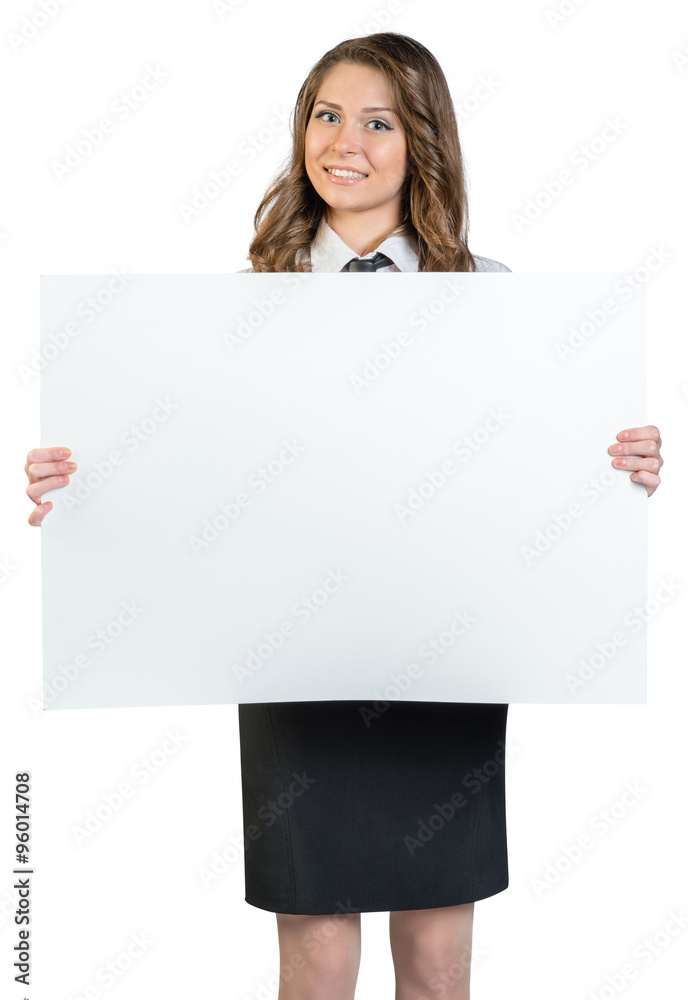 Office woman holding a large blank billboard Office woman holding a large blank billboard