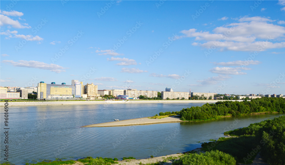 top view Irtysh river with sandy bar, panorama of city on back plane, Omsk, Russia top view Irtysh river with sandy bar, panorama of city on back plane, Omsk, Russia