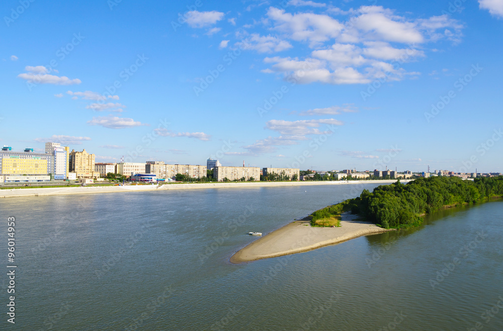  Top view Irtysh river and sand bar, panorama city on back plane, Omsk, Russia
