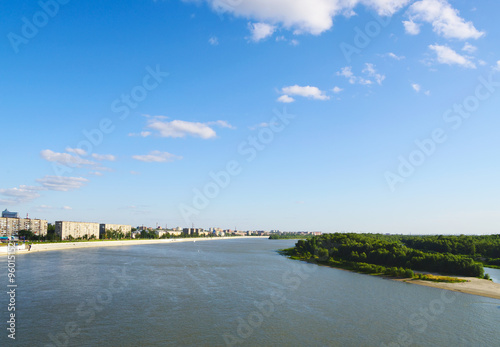 Top view Irtysh river and sand bar, panorama city on back plane, Omsk, Russia