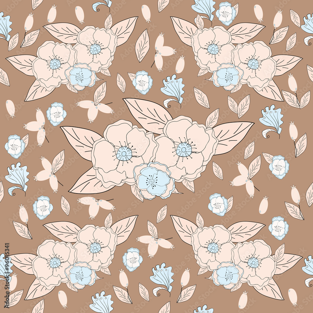 Large wild rose flowers on a beige background. Seamless pattern for design.