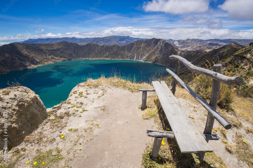 Bench front of Quilotoa crater lake, Ecuador
