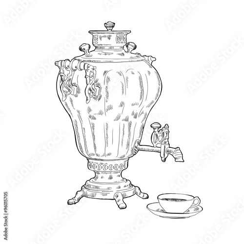 Hand drawn samovar, russian traditional tea party vector illustration