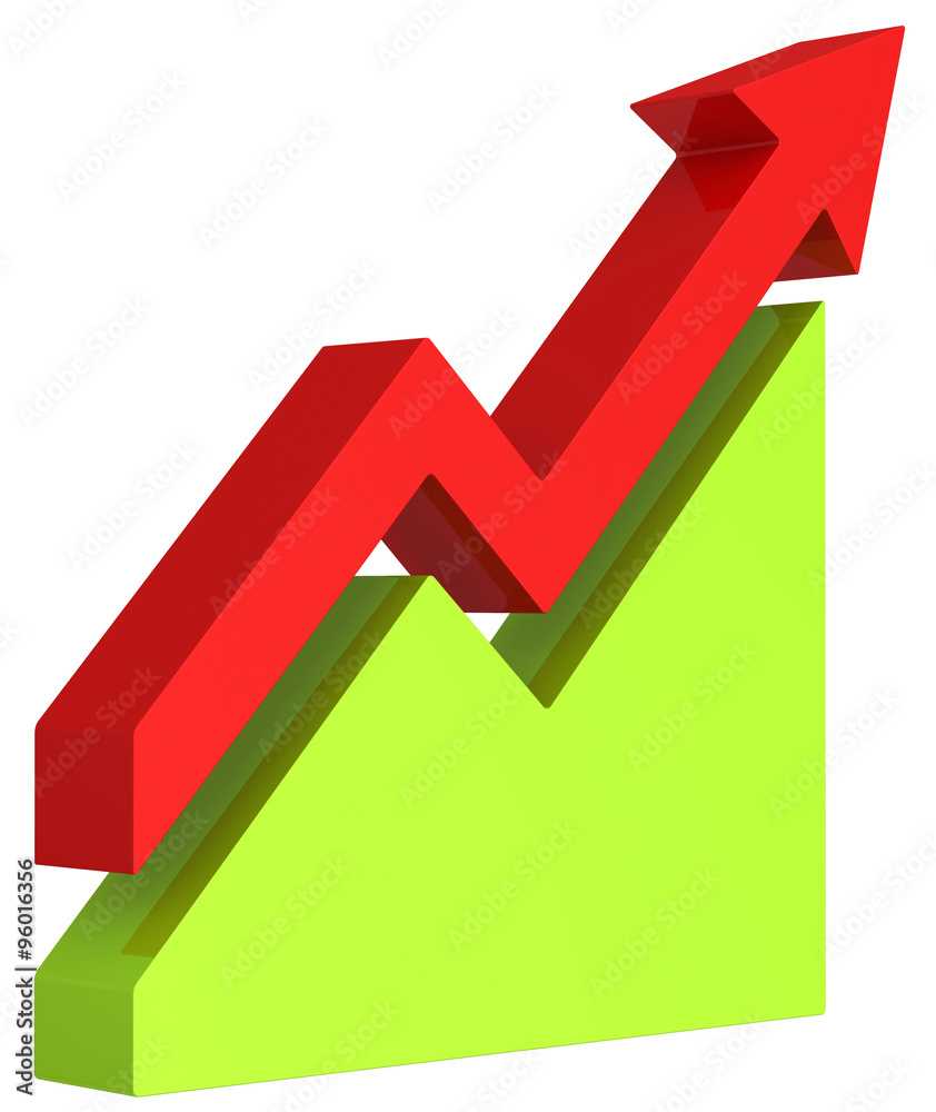 3d red arrow and green chart on isolated white background