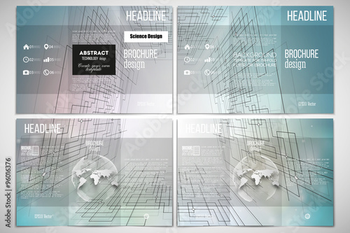 Set of tri-fold brochure design template on both sides with world globe element. Abstract vector background, digital technologies, cyber space