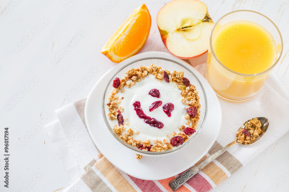 Granola and yogurt with smile face Granola and yogurt with smile face