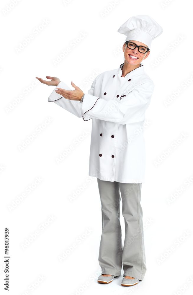 Chef woman presenting copy space. Chef woman presenting copy space.