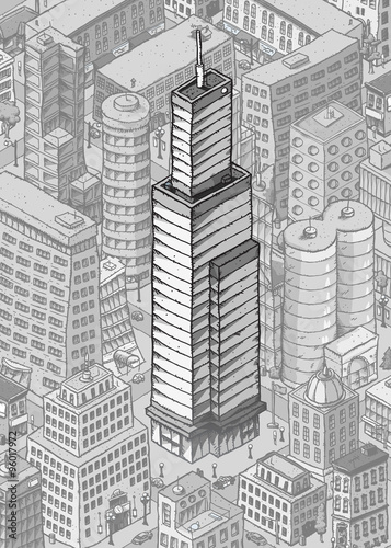 A cartoon office tower skyscraper in the center of a large city.