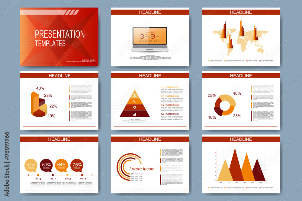 Set of vector templates for presentation slides. Modern business design with graph and charts