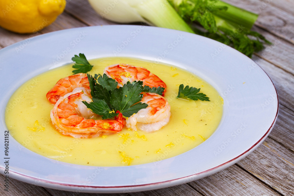 Vegetable creamy soup with shrimps Vegetable creamy soup with shrimps